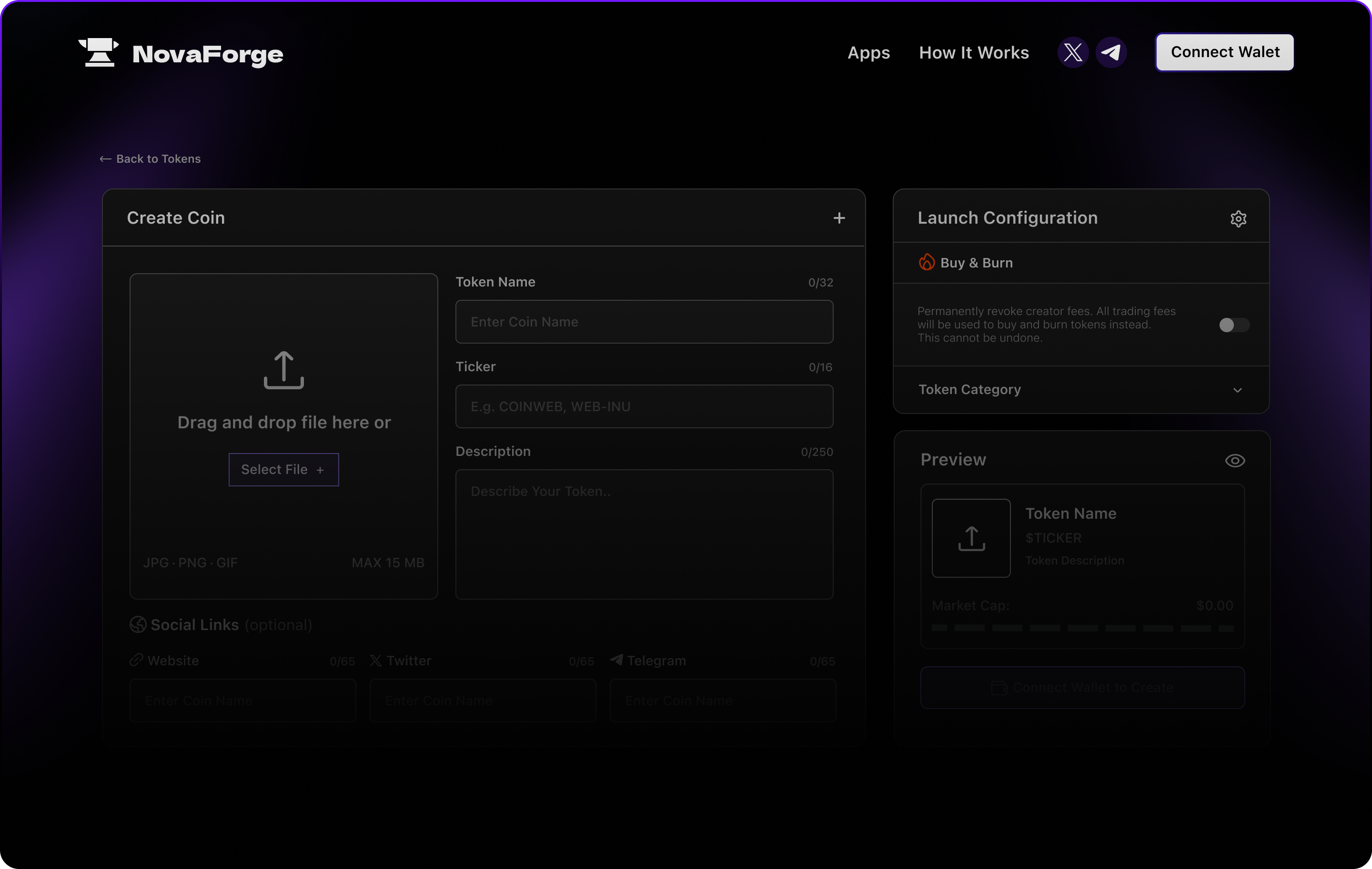 NovaForge app interface showing token creation and launch configuration